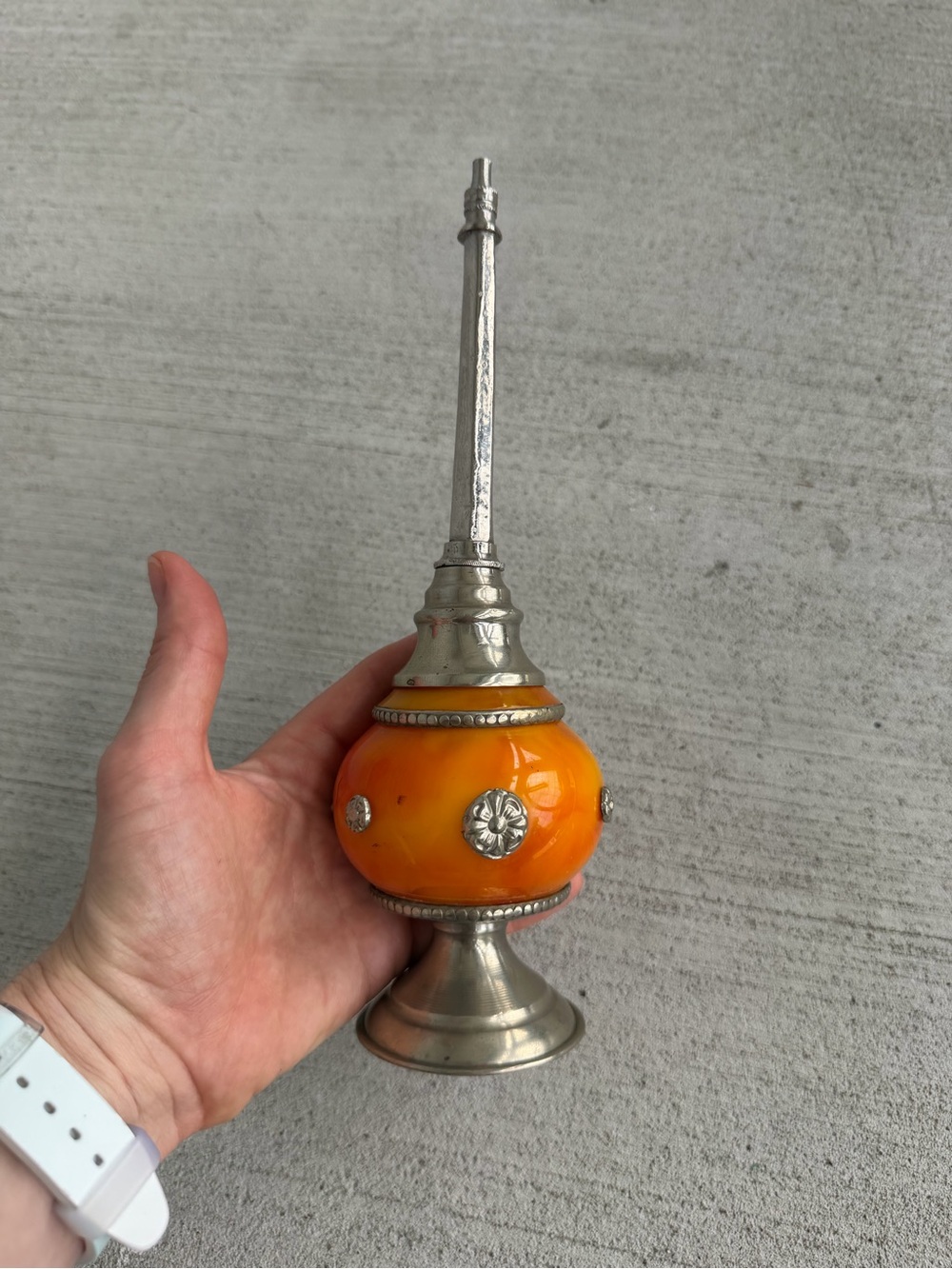 Vintage Moroccan Perfume Bottle Orange Glass Silver Tone Decorative Bottle 10”